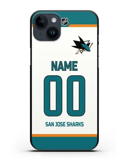 Чехол ХК Сан-Хосе Шаркс с фамилией и номером белая форма силиконовый для iPhone 14 Plus