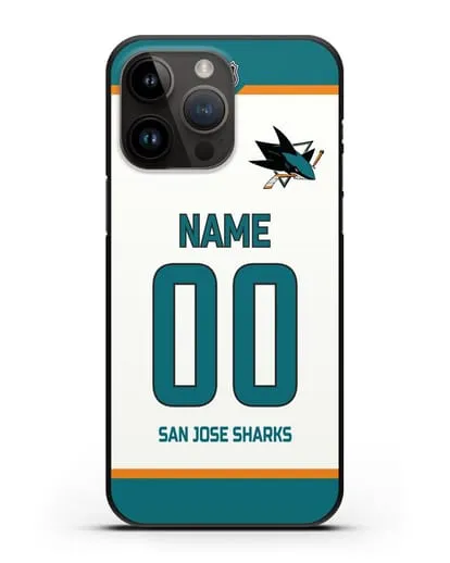 Чехол ХК Сан-Хосе Шаркс с фамилией и номером белая форма силиконовый для iPhone 14 Pro Max