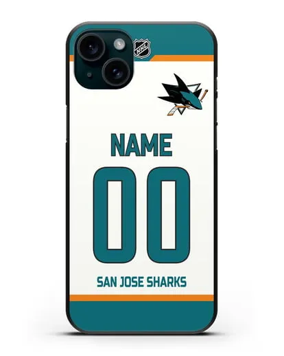 Чехол ХК Сан-Хосе Шаркс с фамилией и номером белая форма силиконовый для iPhone 15 Plus