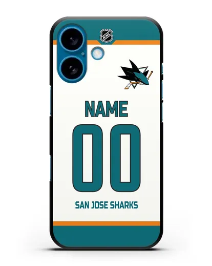 Чехол ХК Сан-Хосе Шаркс с фамилией и номером белая форма силиконовый для iPhone 16