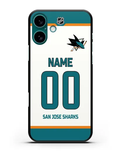 Чехол ХК Сан-Хосе Шаркс с фамилией и номером белая форма силиконовый для iPhone 16 Plus