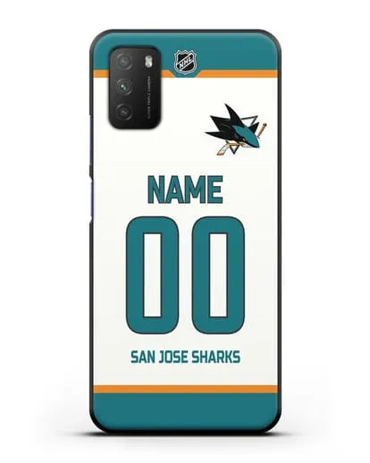 Чехол ХК Сан-Хосе Шаркс с фамилией и номером белая форма силиконовый для Xiaomi Poco M3