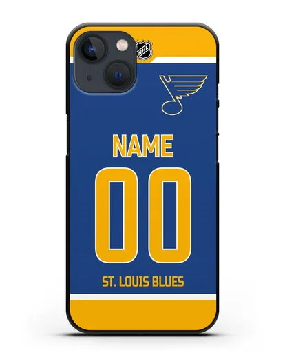 Чехол ХК Сент-Луис Блюз с фамилией и номером синяя форма силиконовый для iPhone 13