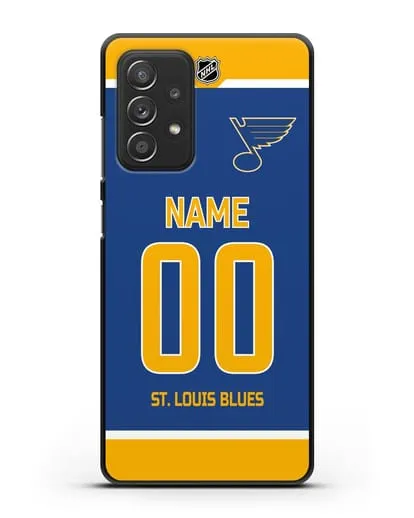 Чехол ХК Сент-Луис Блюз с фамилией и номером синяя форма силиконовый для Samsung Galaxy A53