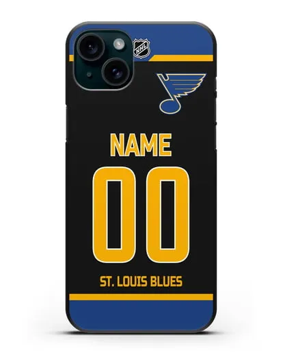 Чехол ХК Сент-Луис Блюз с фамилией и номером черная форма силиконовый для iPhone 15 Plus