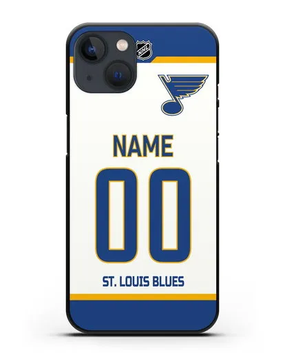Чехол ХК Сент-Луис Блюз с фамилией и номером белая форма силиконовый для iPhone 13