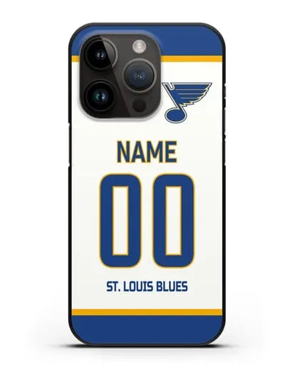 Чехол ХК Сент-Луис Блюз с фамилией и номером белая форма силиконовый для iPhone 14 Pro