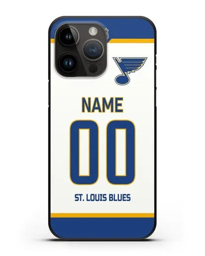 Чехол ХК Сент-Луис Блюз с фамилией и номером белая форма силиконовый для iPhone 14 Pro Max