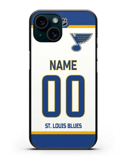 Чехол ХК Сент-Луис Блюз с фамилией и номером белая форма силиконовый для iPhone 15