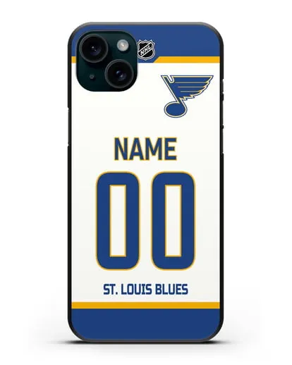 Чехол ХК Сент-Луис Блюз с фамилией и номером белая форма силиконовый для iPhone 15 Plus