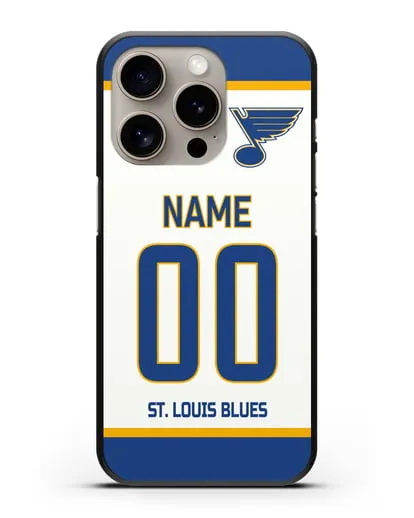 Чехол ХК Сент-Луис Блюз с фамилией и номером белая форма силиконовый для iPhone 15 Pro