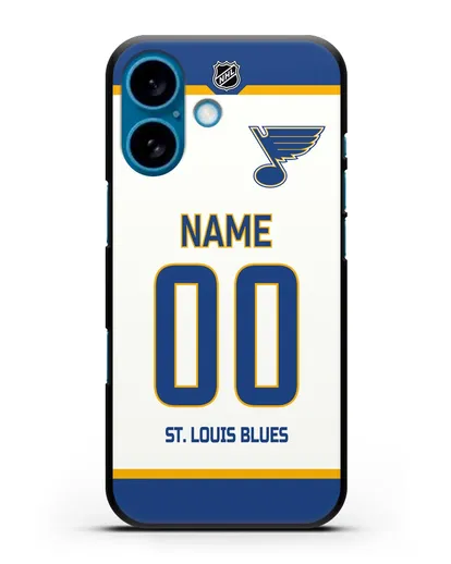 Чехол ХК Сент-Луис Блюз с фамилией и номером белая форма силиконовый для iPhone 16