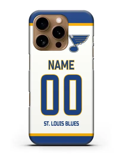 Чехол ХК Сент-Луис Блюз с фамилией и номером белая форма силиконовый для iPhone 16 Pro