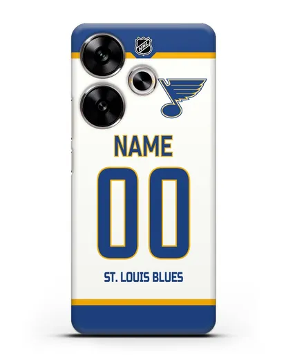 Чехол ХК Сент-Луис Блюз с фамилией и номером белая форма силиконовый для Xiaomi Poco F6