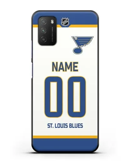 Чехол ХК Сент-Луис Блюз с фамилией и номером белая форма силиконовый для Xiaomi Poco M3