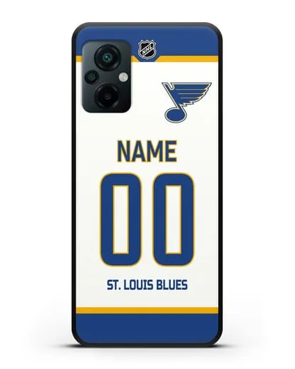Чехол ХК Сент-Луис Блюз с фамилией и номером белая форма силиконовый для Xiaomi Poco M5