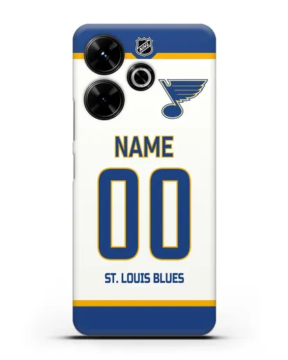 Чехол ХК Сент-Луис Блюз с фамилией и номером белая форма силиконовый для Xiaomi Poco M6