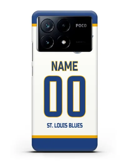 Чехол ХК Сент-Луис Блюз с фамилией и номером белая форма силиконовый для Xiaomi Poco X6 Pro