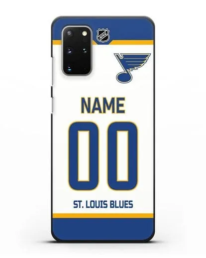Чехол ХК Сент-Луис Блюз с фамилией и номером белая форма силиконовый для Samsung Galaxy S20 Plus [SM-G985F]