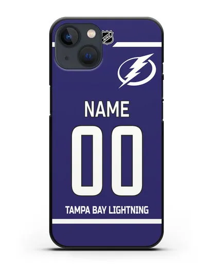 Чехол ХК Тампа-Бэй Лайтнинг с фамилией и номером синяя форма силиконовый для iPhone 13