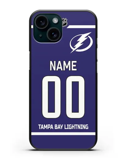 Чехол ХК Тампа-Бэй Лайтнинг с фамилией и номером синяя форма силиконовый для iPhone 15