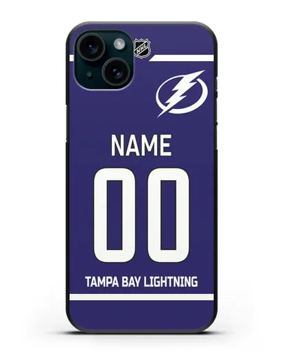 Чехол ХК Тампа-Бэй Лайтнинг с фамилией и номером синяя форма силиконовый для iPhone 15 Plus