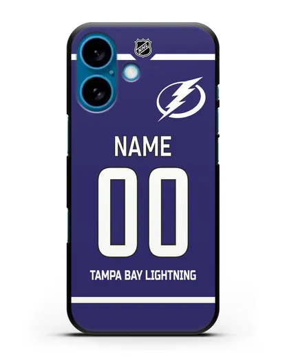 Чехол ХК Тампа-Бэй Лайтнинг с фамилией и номером синяя форма силиконовый для iPhone 16