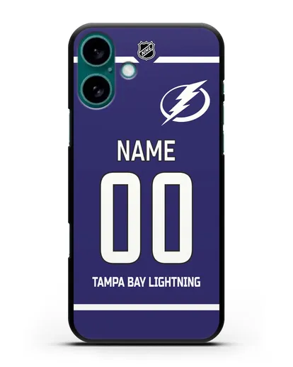 Чехол ХК Тампа-Бэй Лайтнинг с фамилией и номером синяя форма силиконовый для iPhone 16 Plus