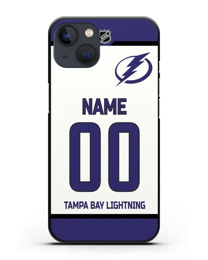Чехол ХК Тампа-Бэй Лайтнинг с фамилией и номером белая форма силиконовый для iPhone 13