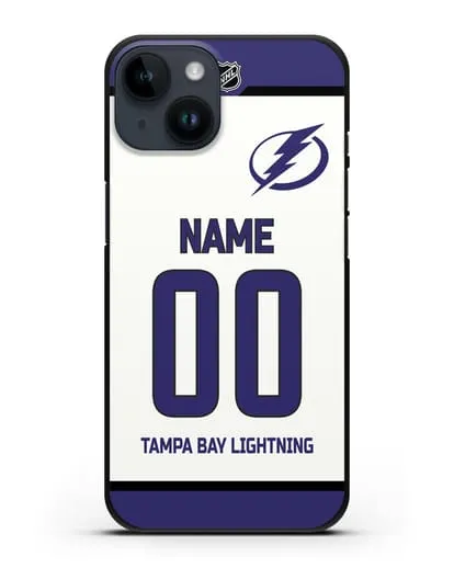 Чехол ХК Тампа-Бэй Лайтнинг с фамилией и номером белая форма силиконовый для iPhone 14