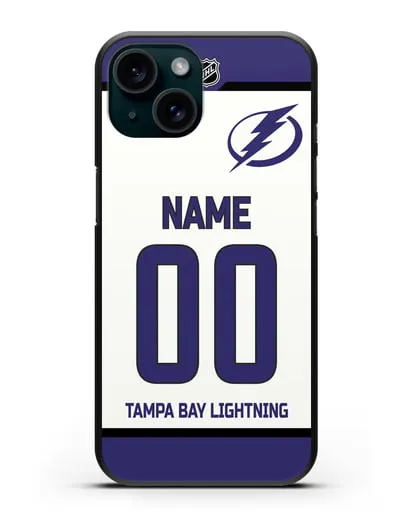 Чехол ХК Тампа-Бэй Лайтнинг с фамилией и номером белая форма силиконовый для iPhone 15