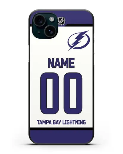 Чехол ХК Тампа-Бэй Лайтнинг с фамилией и номером белая форма силиконовый для iPhone 15 Plus