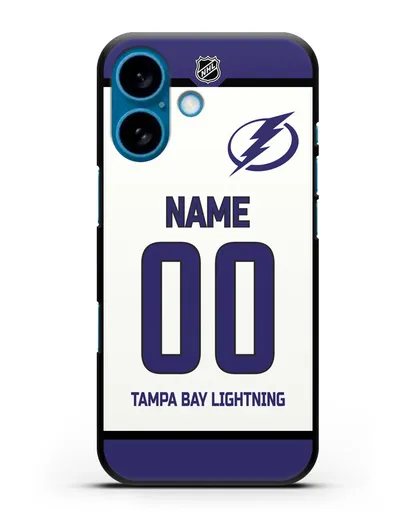 Чехол ХК Тампа-Бэй Лайтнинг с фамилией и номером белая форма силиконовый для iPhone 16