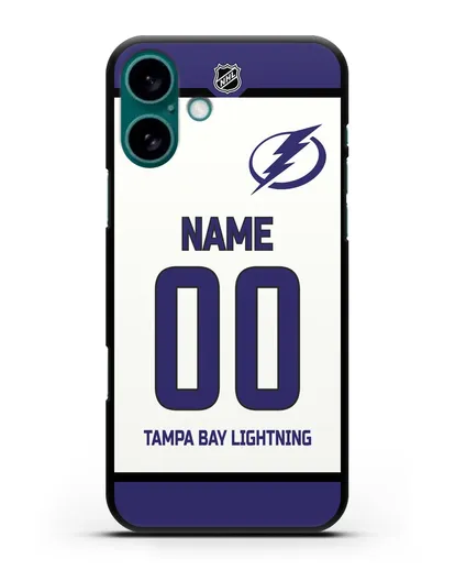 Чехол ХК Тампа-Бэй Лайтнинг с фамилией и номером белая форма силиконовый для iPhone 16 Plus