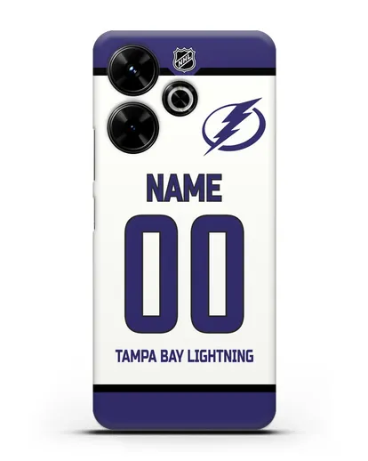 Чехол ХК Тампа-Бэй Лайтнинг с фамилией и номером белая форма силиконовый для Xiaomi Poco M6