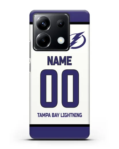 Чехол ХК Тампа-Бэй Лайтнинг с фамилией и номером белая форма силиконовый для Xiaomi Poco X6