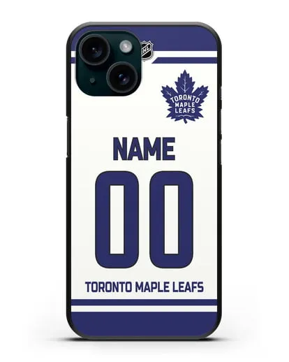 Чехол ХК Торонто Мейпл Лифс с фамилией и номером белая форма силиконовый для iPhone 15