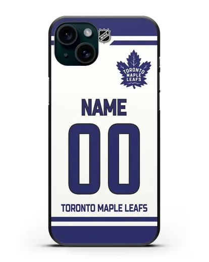 Чехол ХК Торонто Мейпл Лифс с фамилией и номером белая форма силиконовый для iPhone 15 Plus