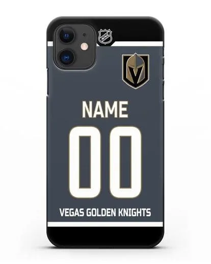 Чехол ХК Вегас Голден Найтс с фамилией и номером серая форма силиконовый для iPhone 11