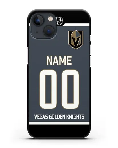 Чехол ХК Вегас Голден Найтс с фамилией и номером серая форма силиконовый для iPhone 13