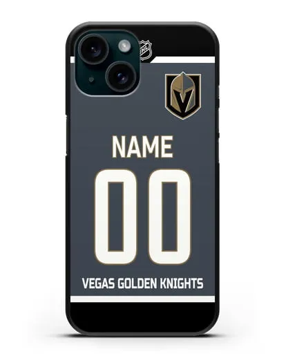 Чехол ХК Вегас Голден Найтс с фамилией и номером серая форма силиконовый для iPhone 15