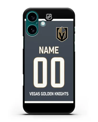 Чехол ХК Вегас Голден Найтс с фамилией и номером серая форма силиконовый для iPhone 16 Plus