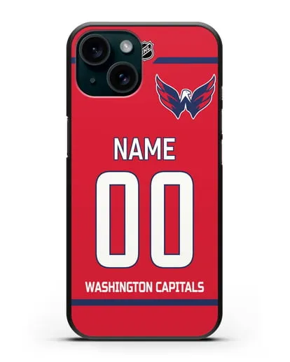 Чехол ХК Вашингтон Кэпиталз с фамилией и номером красная форма силиконовый для iPhone 15