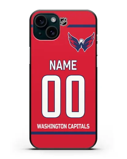 Чехол ХК Вашингтон Кэпиталз с фамилией и номером красная форма силиконовый для iPhone 15 Plus