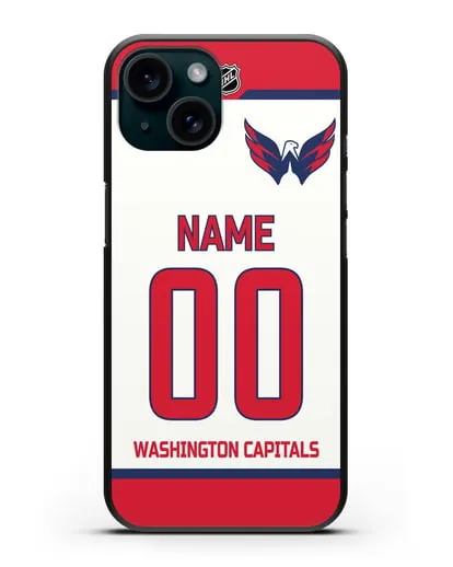 Чехол ХК Вашингтон Кэпиталз с фамилией и номером белая форма силиконовый для iPhone 15
