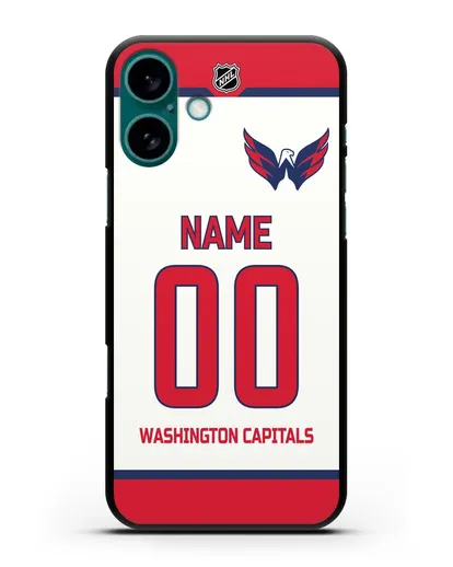 Чехол ХК Вашингтон Кэпиталз с фамилией и номером белая форма силиконовый для iPhone 16 Plus