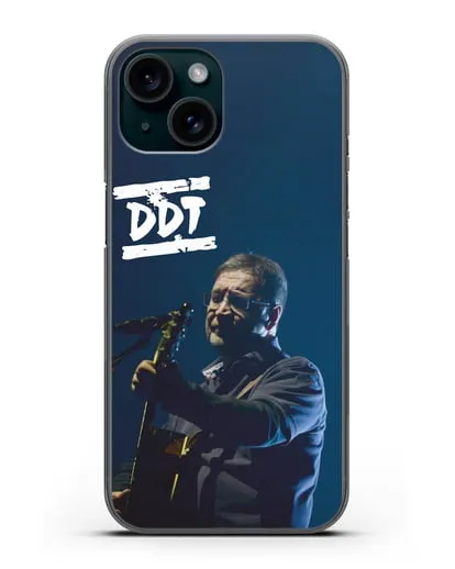 Чехол с логотипом ДДТ и фотографией Юрия Шевчука силиконовый для iPhone 15