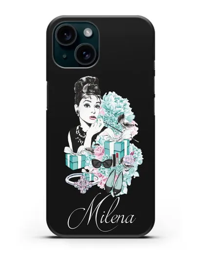Именной чехол с иллюстрацией Одри Хепберн силиконовый для iPhone 15