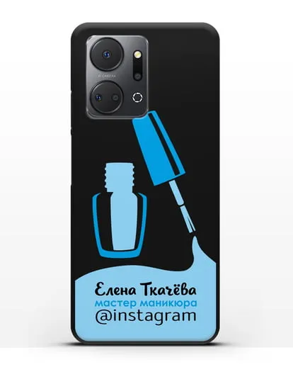 Чехол визитка Мастер маникюра с фамилией и инстаграм синий цвет силиконовый для Honor X7a