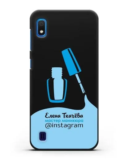 Чехол визитка Мастер маникюра с фамилией и инстаграм синий цвет силиконовый для Samsung Galaxy A10 [SM-A105F]